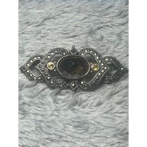 Vintage 925 Sterling Silver Smoky Quartz Marcasite Brooch Pin Art Deco‎ 2in